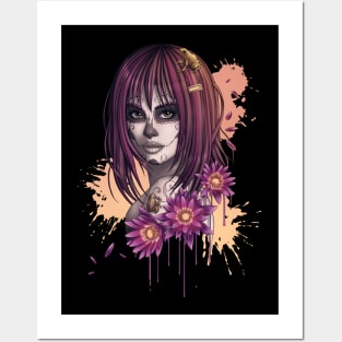 Candy Skull Girl with Flowers and Frogs Posters and Art